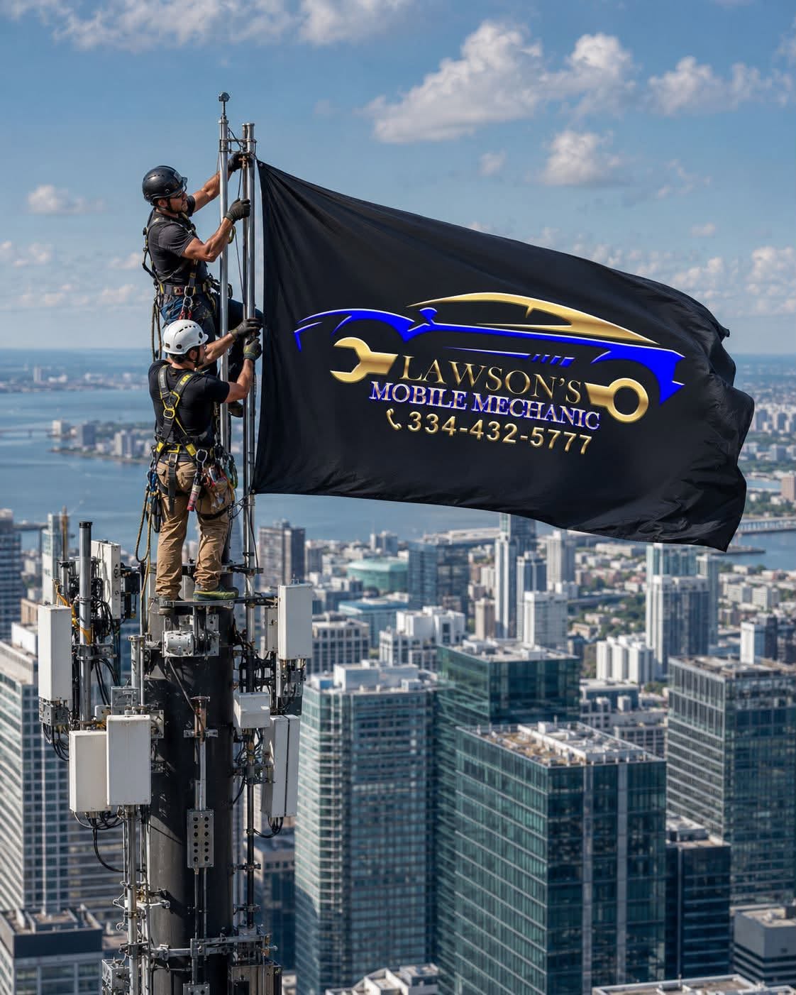 Lawson's flag on a tower above a city skyline