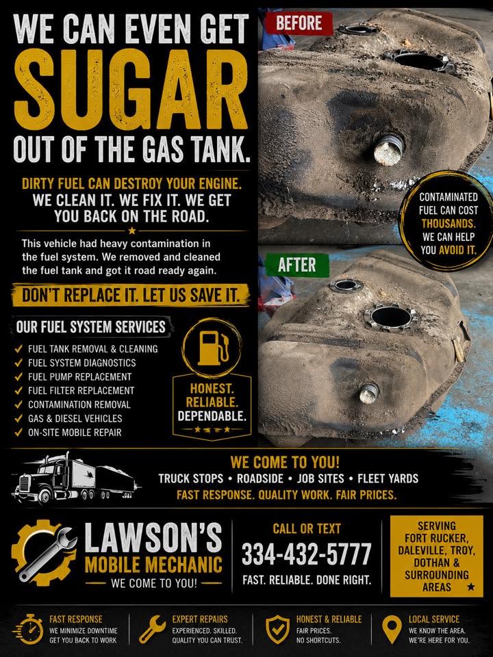 Flyer for fuel tank cleaning with before and after photos