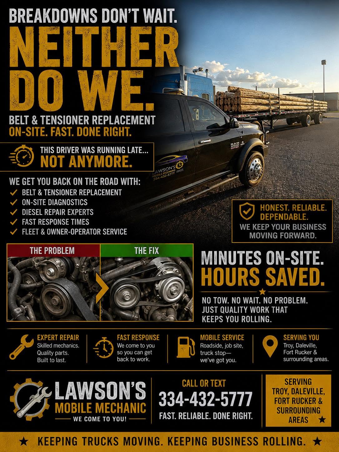 Lawson's Mobile Mechanic service flyer for belt and tensioner replacement