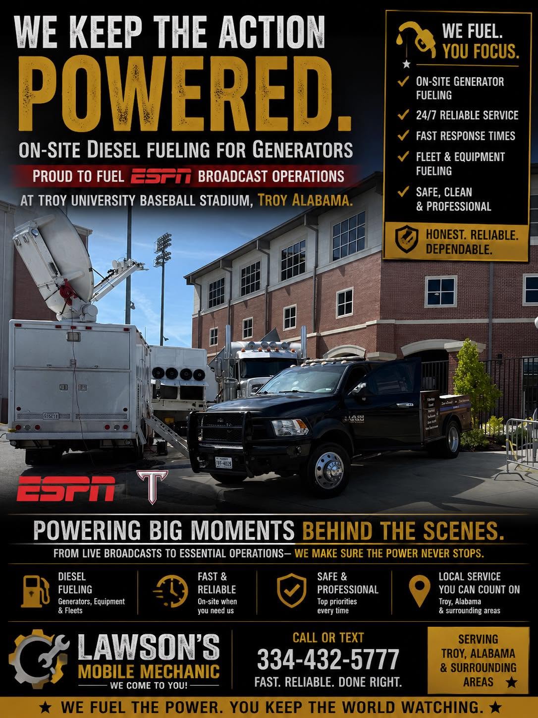 Flyer for on site diesel fueling at Troy University