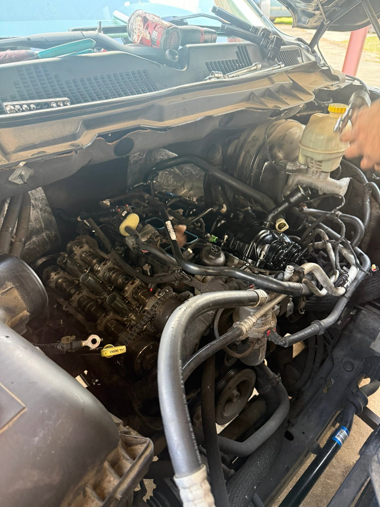 Truck engine bay during mobile repair